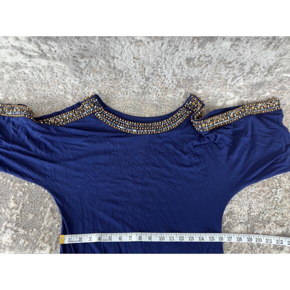 Joyous & Free Womens Size S Beaded Sequins Cold Shoulder Tunic Top Navy Stretch - Picture 7 of 11